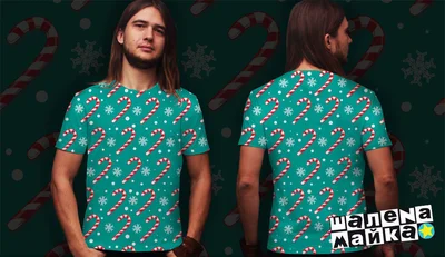 Футболки с полной запечаткой: новогодняя - снежинки и леденцы